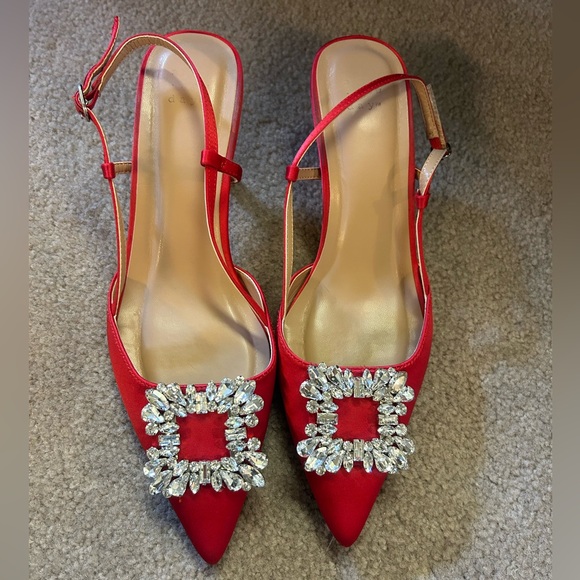 a new day Shoes - a new day Red Pointed-Toe Slingback Heels with Crystal Buckles